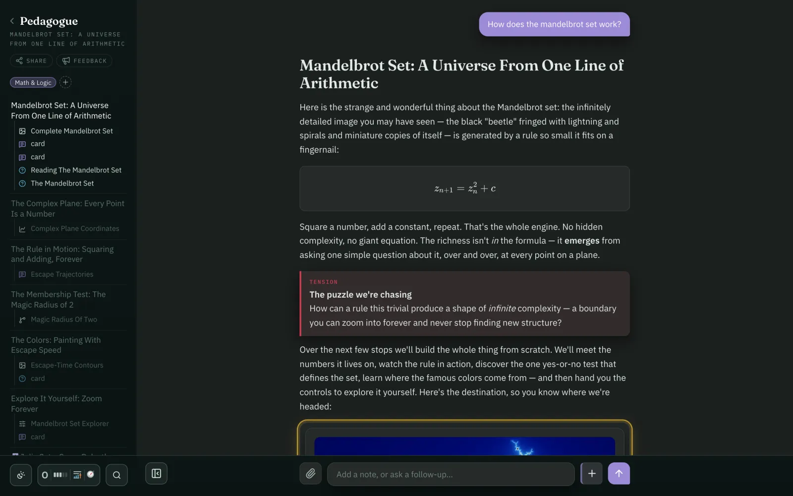 A Pedagogue journey titled 'Mandelbrot Set: A Universe From One Line of Arithmetic', with the learner's question, the first equation, and a map of upcoming sections on the left.