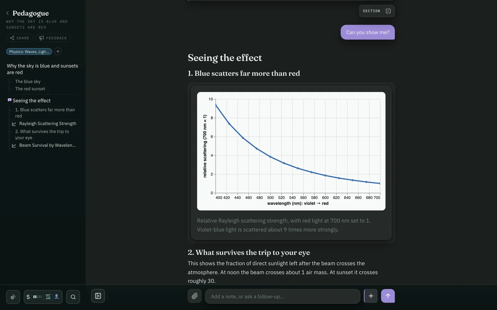 Chat mode at Diagrams fidelity: the learner asks to be shown, and the answer adds a chart of scattering strength against wavelength.