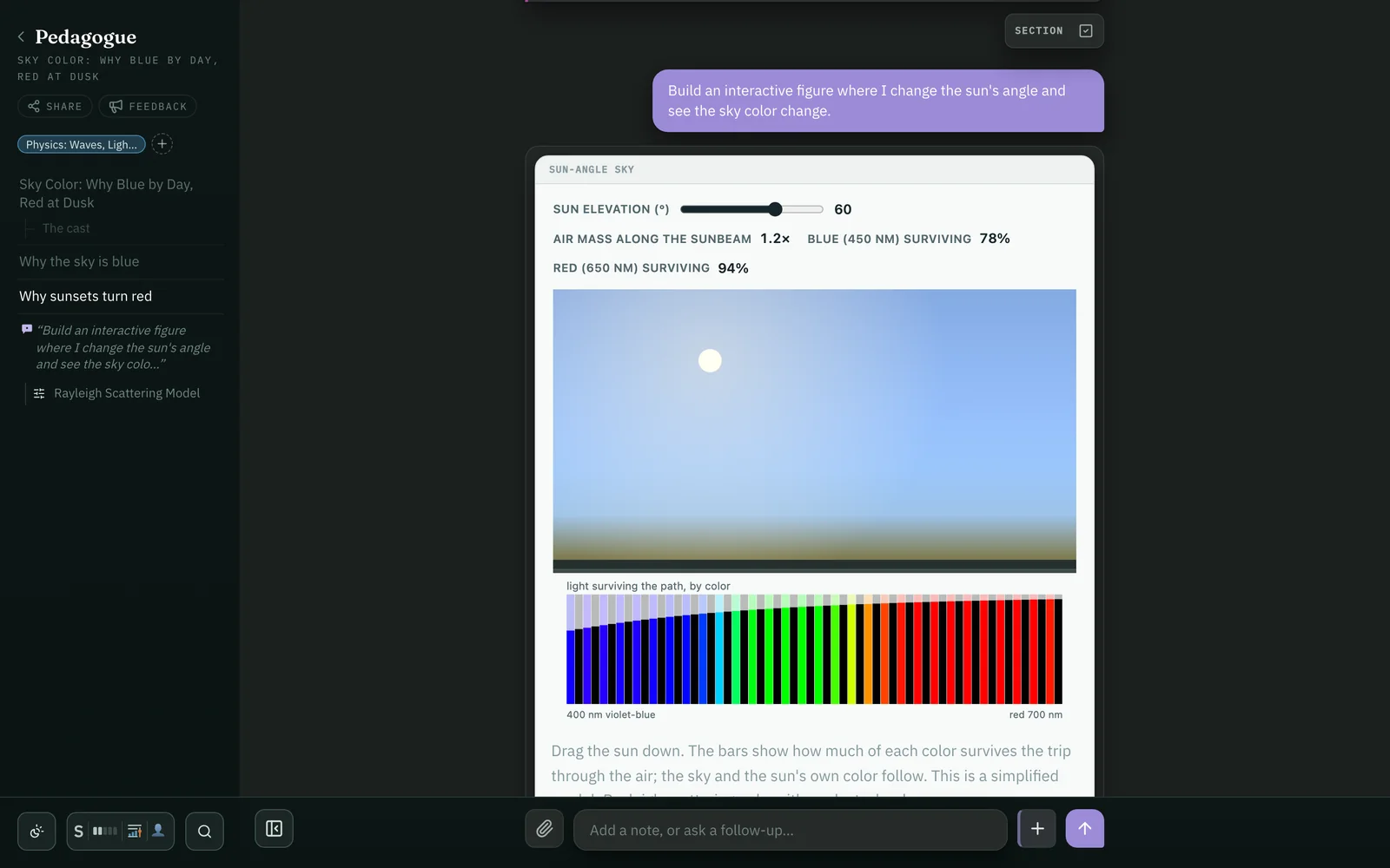 Pedagogue mode at Full fidelity: a journey on the same question, with an interactive figure, a slider for the sun's angle that changes the sky's colour and the light that survives.