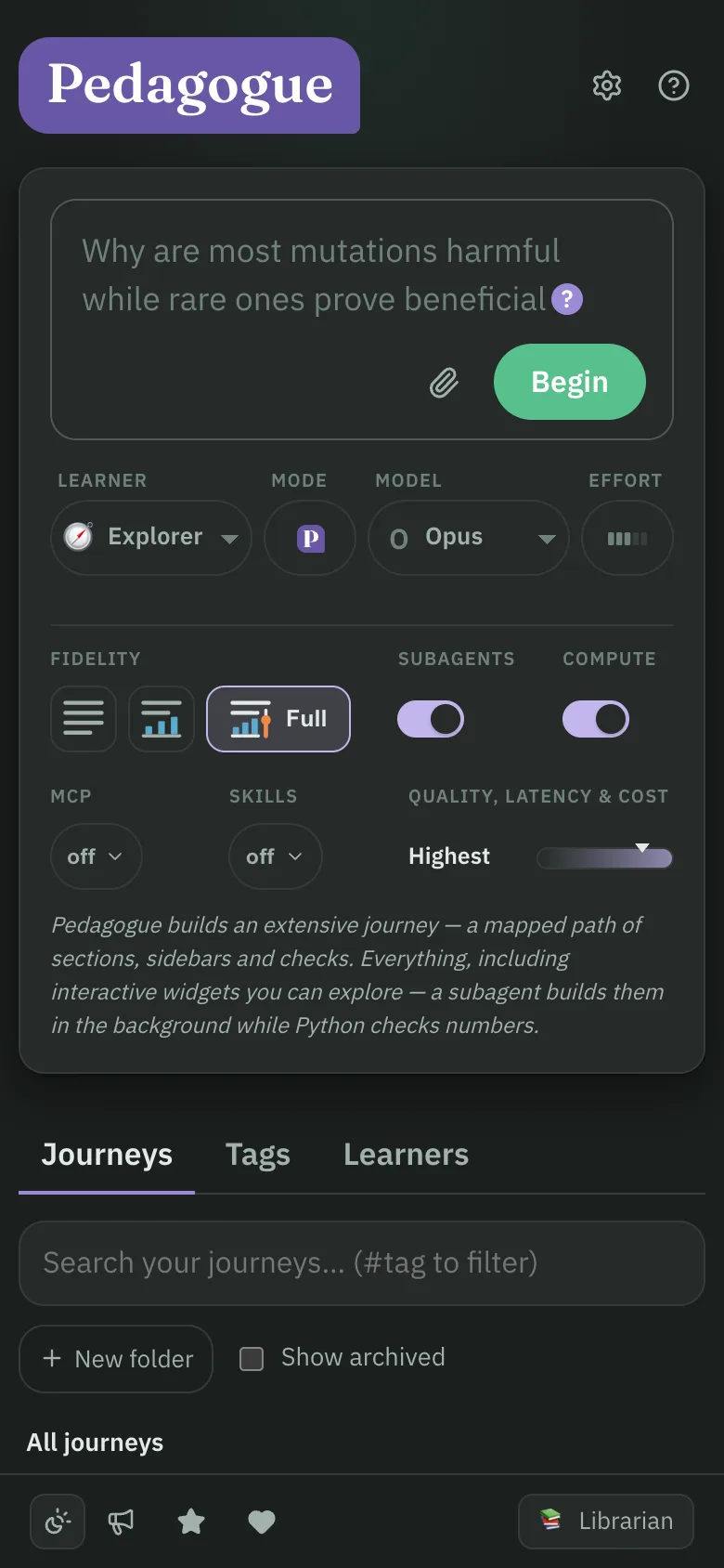 Pedagogue's home page on a phone, with the question box and learner settings.